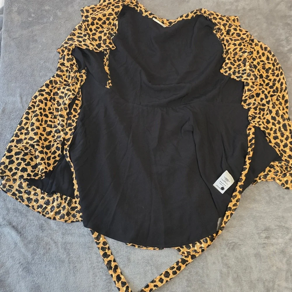 Free People Leopard Print Long Sleeve Mini Wrap‎ Dress Ruffle Hem V-Neck Burnout